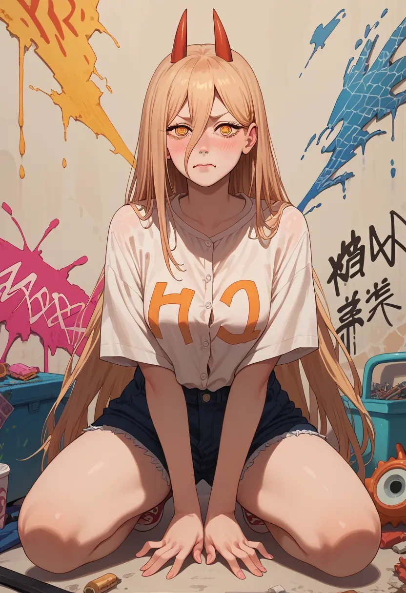 chainsaw_man,power_(chainsaw_man),oversized graffiti shirt,dolphin shorts  - 