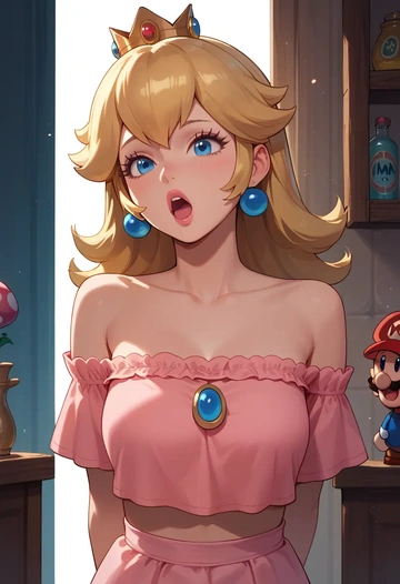 mario_(series),princess_peach,off-shoulder top,dolphin shorts  - AI generated anime art