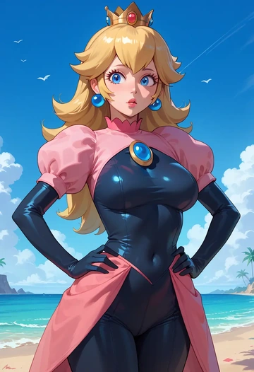 mario_(series),princess_peach,black widow bodysuit,spiderweb cape,leather gloves  - AI generated anime art