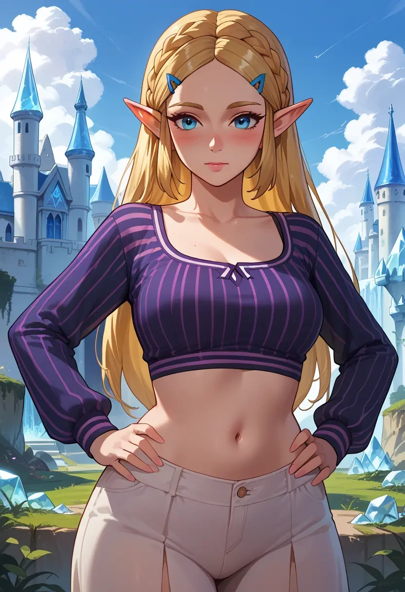 the_legend_of_zelda,princess_zelda,long-sleeve striped tee,pleated skirt,fishnet stockings  - 