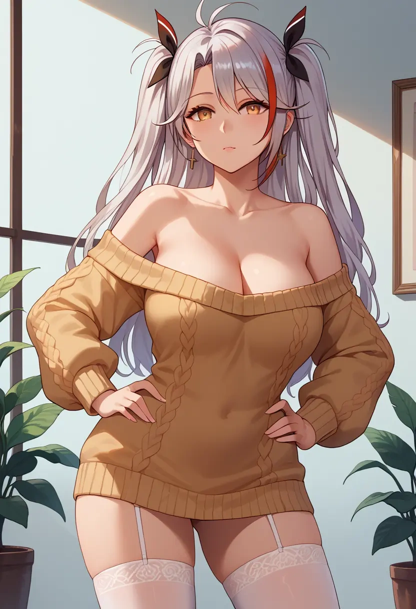 azur_lane,prinz_eugen_(azur_lane),Hands on hips,off-shoulder,sweater,stockings  - 