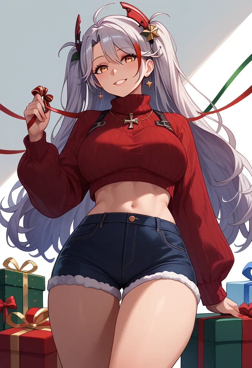 azur_lane,prinz_eugen_(azur_lane),Christmas,red velvet shorts,turtleneck sweater  - 