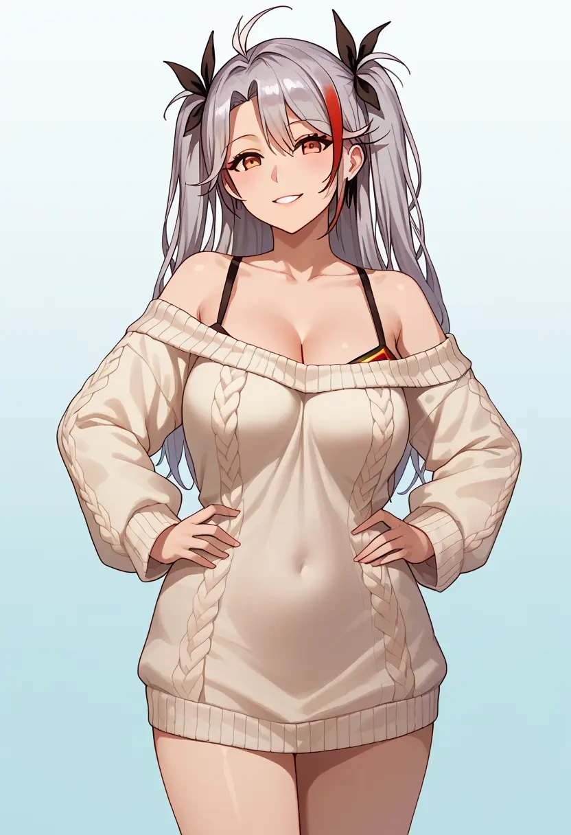 azur_lane,prinz_eugen_(unfading_smile)_(azur_lane),Hands on hips,off-shoulder,sweater  - 