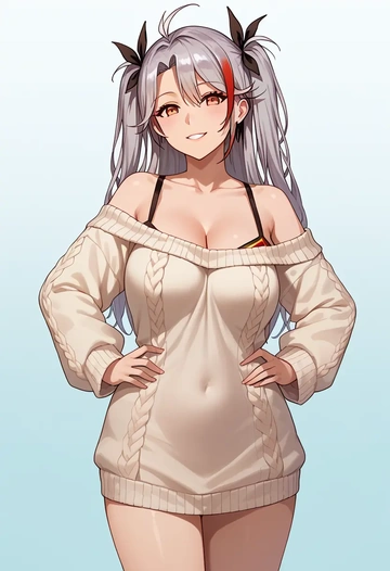 azur_lane,prinz_eugen_(unfading_smile)_(azur_lane),Hands on hips,off-shoulder,sweater  - AI generated anime art