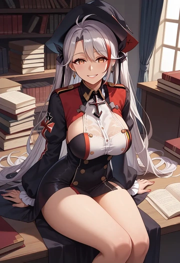 azur_lane,prinz_eugen_(unfading_smile)_(azur_lane),witch blouse,asymmetrical skirt,striped stockings  - AI generated anime art