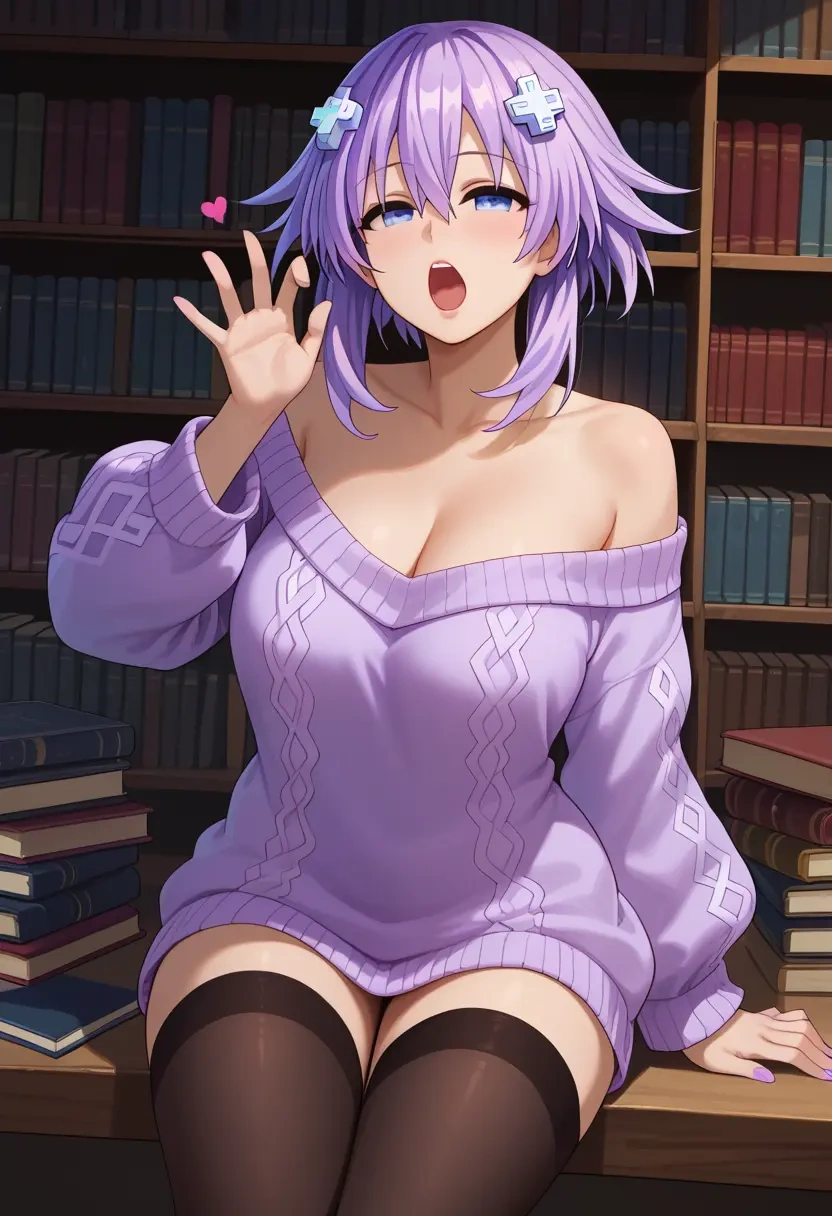 neptune_(series),purple_heart_(neptunia),Yawning,off-shoulder,sweater,stockings  - 