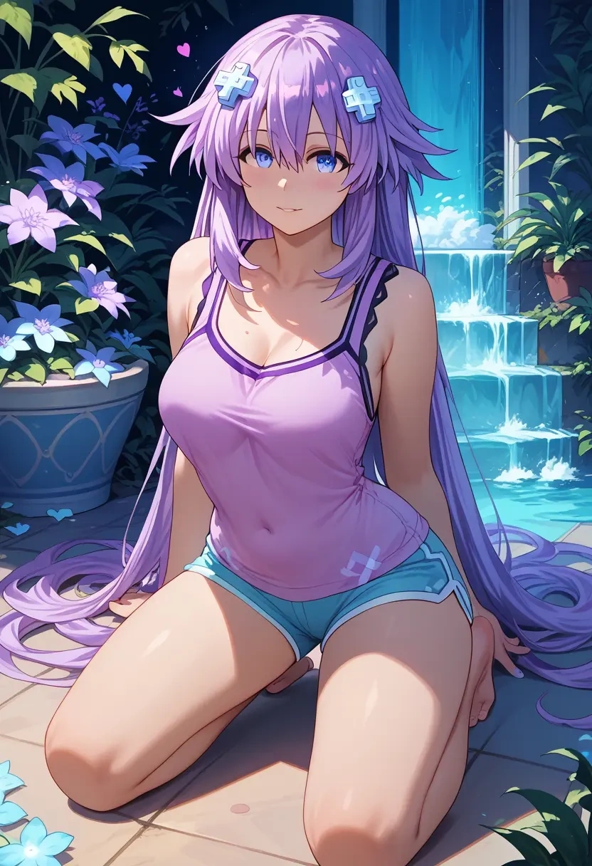 neptune_(series),purple_heart_(neptunia),tank top,mesh,cycling shorts  - 