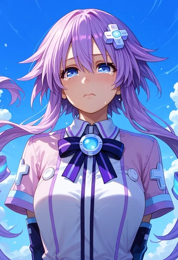 neptune_(series),purple_heart_(neptunia),paint-splatter blouse,dolphin shorts  - AI generated anime art