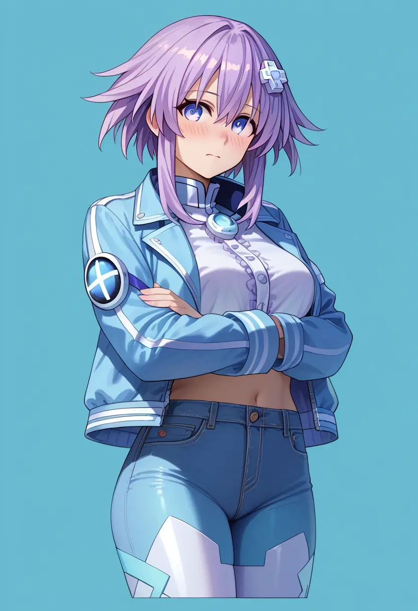 neptune_(series),purple_heart_(neptunia),denim jacket,cropped,leather leggings  - 