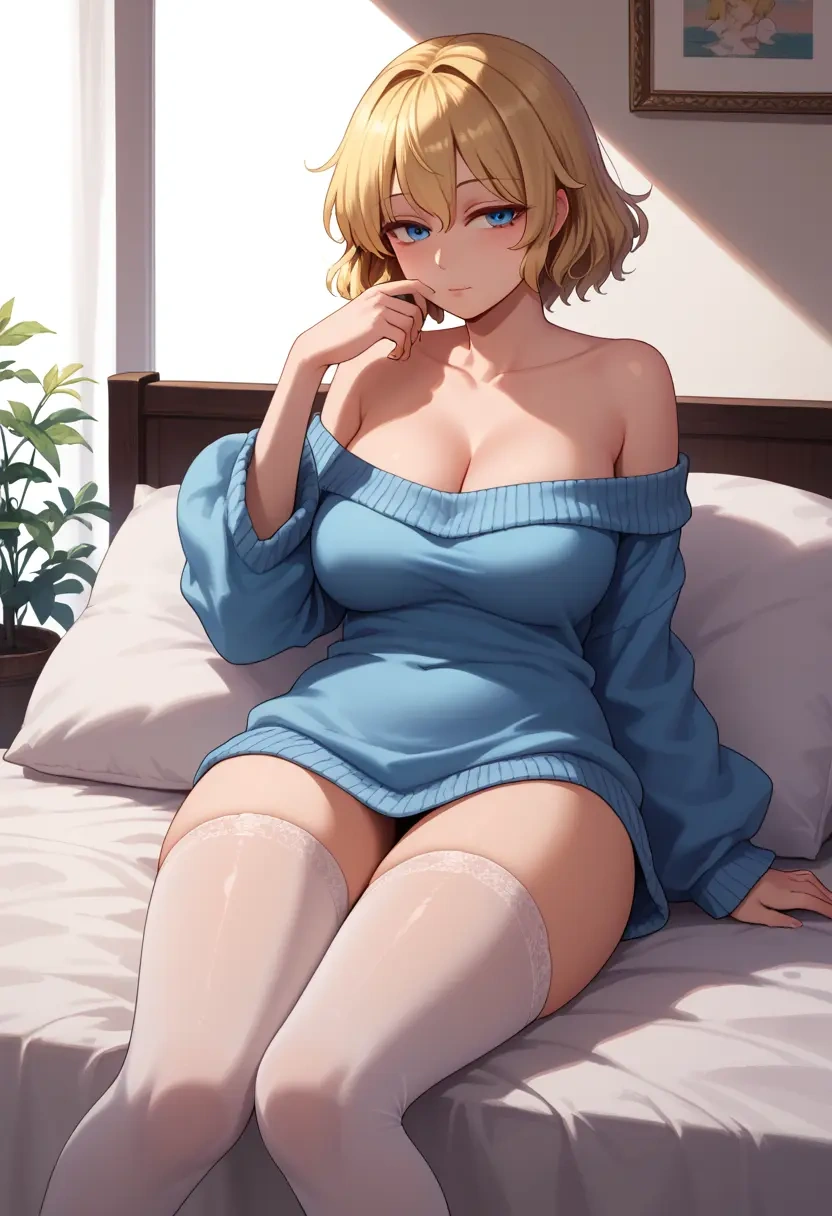 touhou,pyonta,cross-legged,Head resting on hand,off-shoulder,sweater  - 