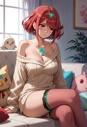 xenoblade_chronicles_(series),pyra_(xenoblade),Pouting ,Teary-eyed,off-shoulder,sweater  - AI generated anime art