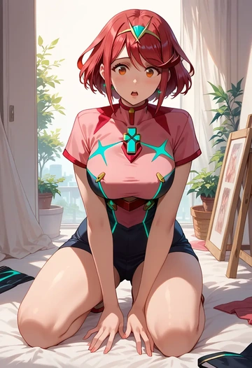 xenoblade_chronicles_(series),pyra_(xenoblade),pop art shirt,dolphin shorts  - AI generated anime art