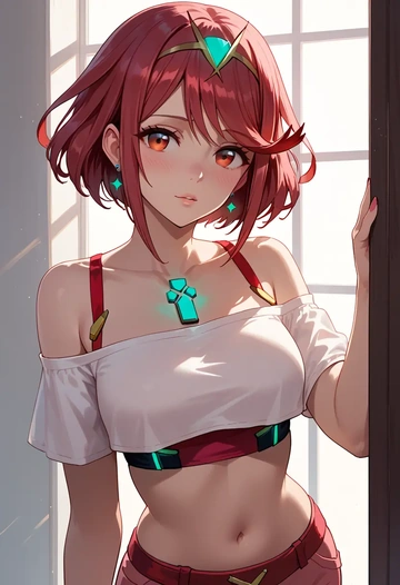 xenoblade_chronicles_(series),pyra_(xenoblade),off-shoulder top,dolphin shorts  - AI generated anime art