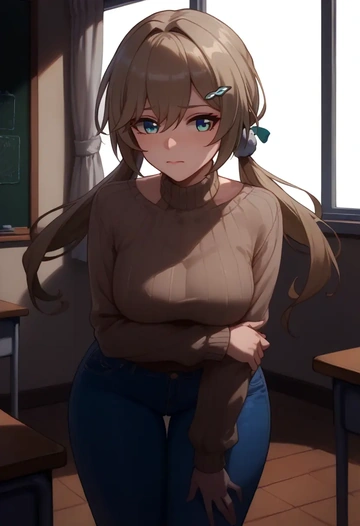 star rail,qingque,teacher, sweater, jeans shorts  - AI generated anime art