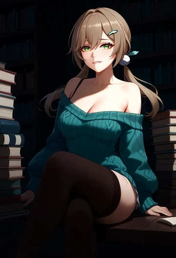 star rail,qingque,Biting lip,off-shoulder,sweater,stockings  - AI generated anime art