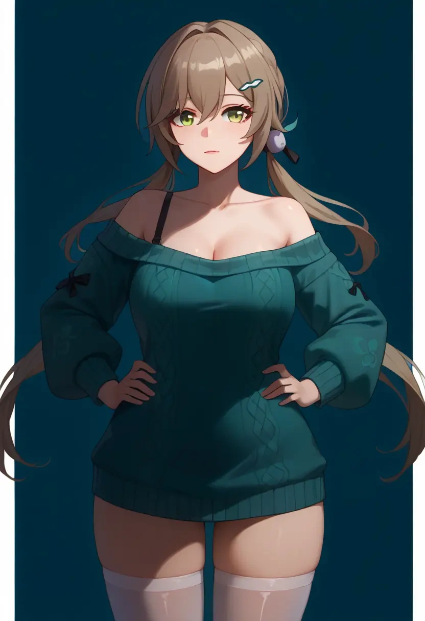 star rail,qingque,Hands on hips,off-shoulder,sweater,stockings  - 