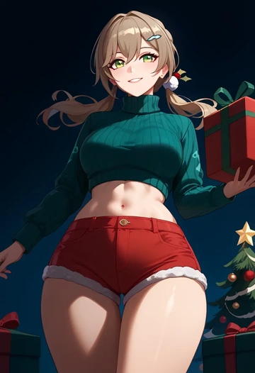 star rail,qingque,Christmas,red velvet shorts,turtleneck sweater  - AI generated anime art