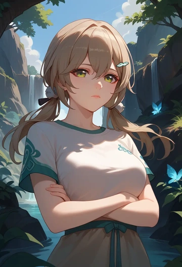 star rail,qingque,calligraphy print shirt,dolphin shorts  - AI generated anime art