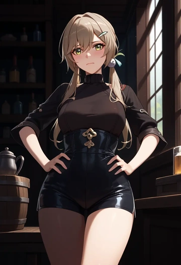 star rail,qingque,leather,shorts  - AI generated anime art