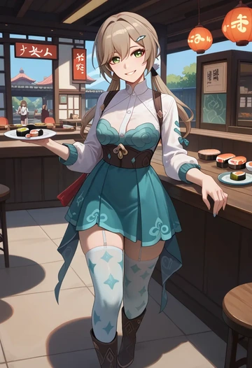 star rail,qingque,shirt dress,belted,stockings  - AI generated anime art