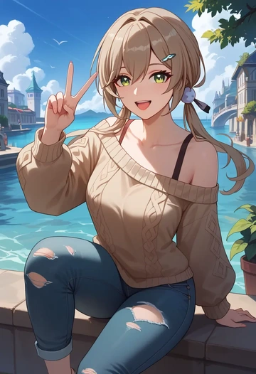 star rail,qingque,sweater,off-shoulder,ripped jeans  - AI generated anime art