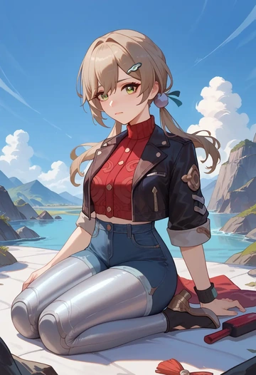 star rail,qingque,denim jacket,cropped,leather leggings  - AI generated anime art