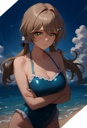 star rail,qingque,retro style swimsuit,frilled neckline,bow detail  - AI generated anime art