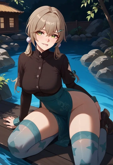 star rail,qingque,shirt dress,belted,stockings  - AI generated anime art