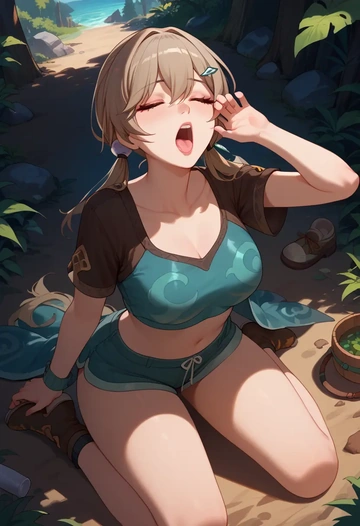 star rail,qingque,crop top,athletic shorts  - AI generated anime art