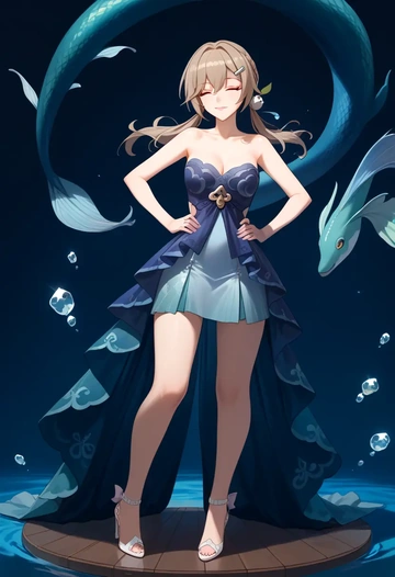 star rail,qingque,gown,strapless,mermaid silhouette  - AI generated anime art