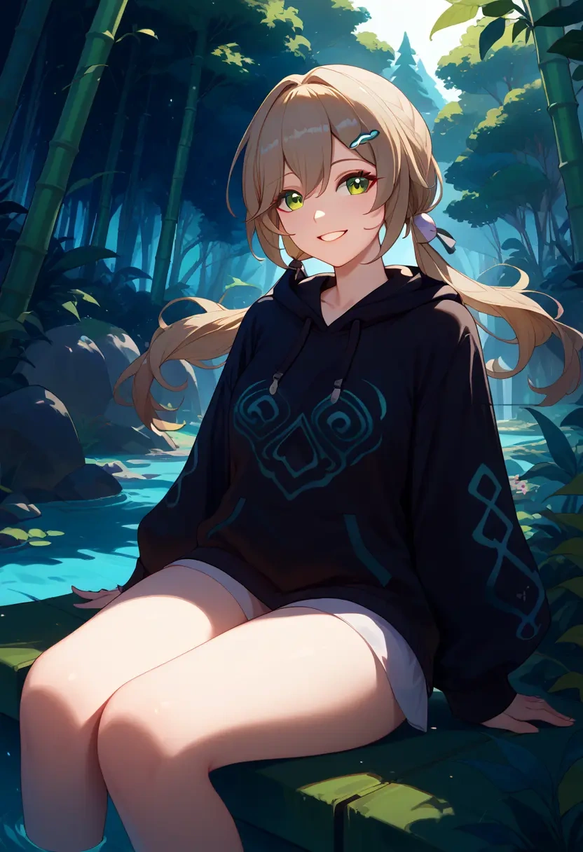 star rail,qingque,oversized graphic hoodie,thigh-high socks,shorts  - 