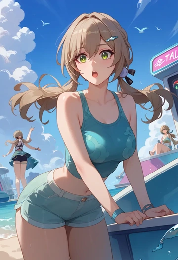 star rail,qingque,sleeveless swim top,shorts-style bottom,contrast stitching  - AI generated anime art