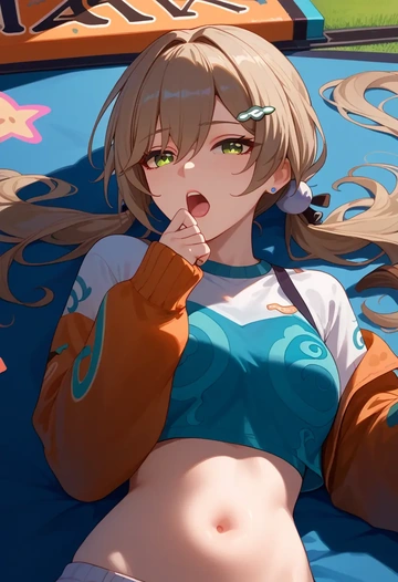 star rail,qingque,cropped graffiti sweatshirt,dolphin shorts  - AI generated anime art