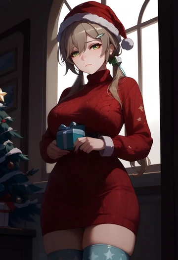 star rail,qingque,Christmas,sweater dress,stockings  - AI generated anime art