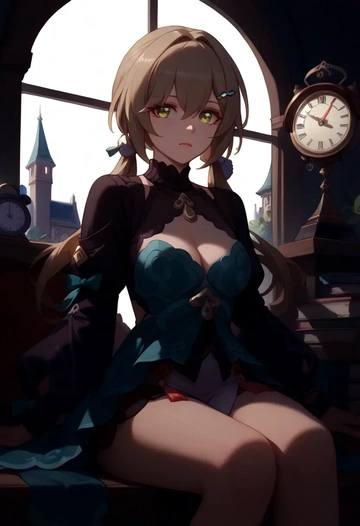 star rail,qingque,witch blouse,asymmetrical skirt,striped stockings  - AI generated anime art