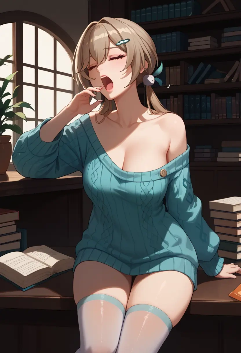 star rail,qingque,Yawning,off-shoulder,sweater,stockings  - 