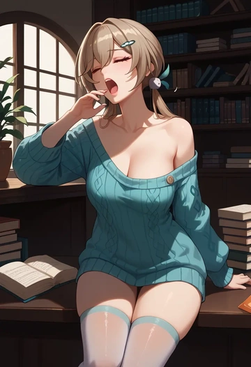 star rail,qingque,Yawning,off-shoulder,sweater,stockings  - AI generated anime art