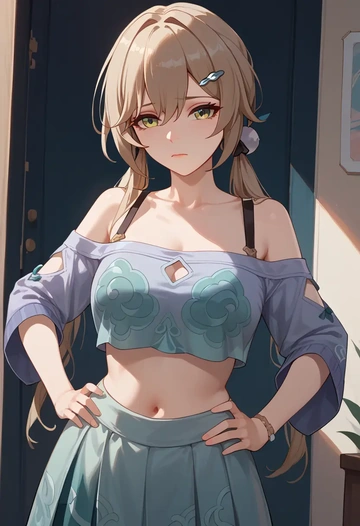 star rail,qingque,off-shoulder top,dolphin shorts  - AI generated anime art