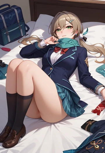 star rail,qingque,winter,student uniform,plaid skirt  - AI generated anime art