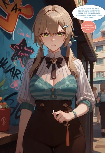 star rail,qingque,striped graffiti blouse,dolphin shorts  - AI generated anime art