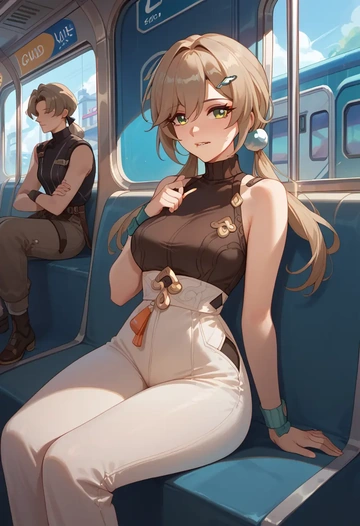 star rail,qingque,jumpsuit,sleeveless,flare pants  - AI generated anime art