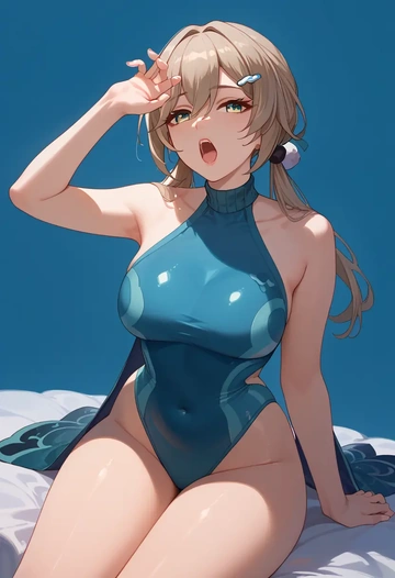 star rail,qingque,racerback swimsuit,striped trim,name tag patch  - AI generated anime art