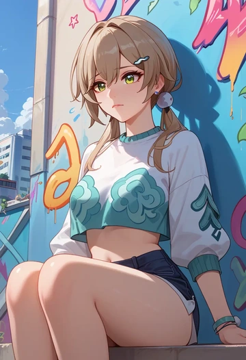 star rail,qingque,cropped graffiti sweatshirt,dolphin shorts  - AI generated anime art