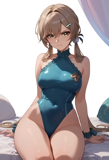 star rail,qingque,retro style swimsuit,frilled neckline,bow detail  - AI generated anime art