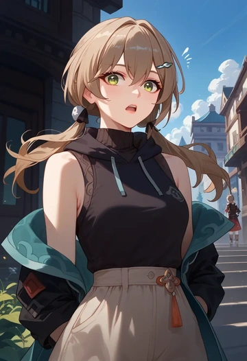 star rail,qingque,sleeveless hoodie,biker shorts  - AI generated anime art