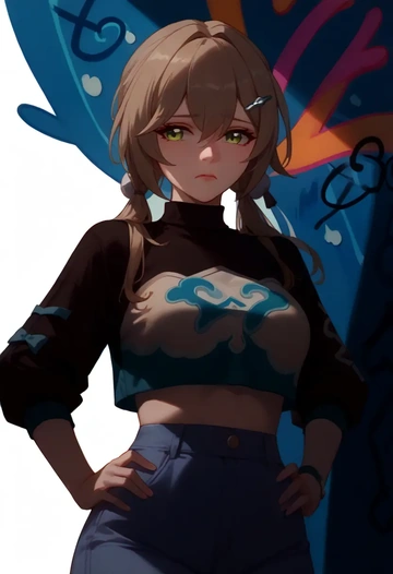 star rail,qingque,cropped graffiti sweatshirt,dolphin shorts  - AI generated anime art