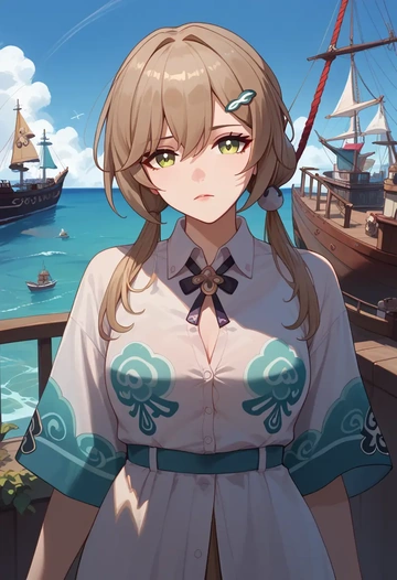 star rail,qingque,oversized graffiti shirt,dolphin shorts  - AI generated anime art