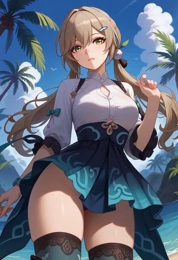 star rail,qingque,shirt dress,belted,stockings  - AI generated anime art