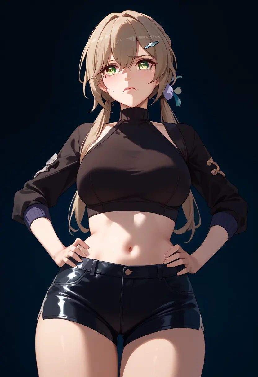 star rail,qingque,leather,shorts,crop top  - 