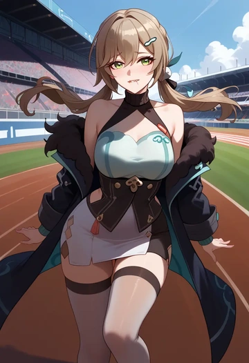 star rail,qingque,coat,long,double-breasted,pencil skirt  - AI generated anime art